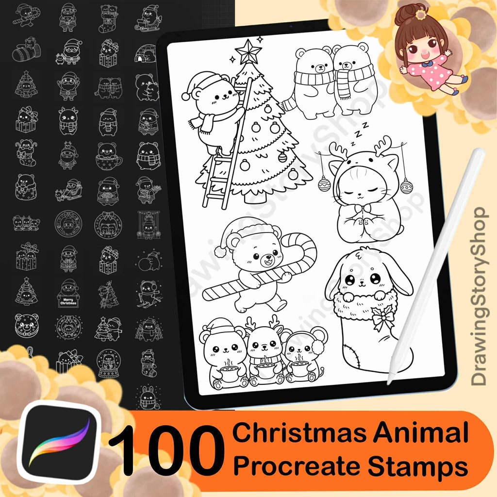 100 Christmas animal Procreate Stamps, Christmas ornaments Doodle, Christmas tree stamps ,cat,bear,rabbit ,Brush for Procreate