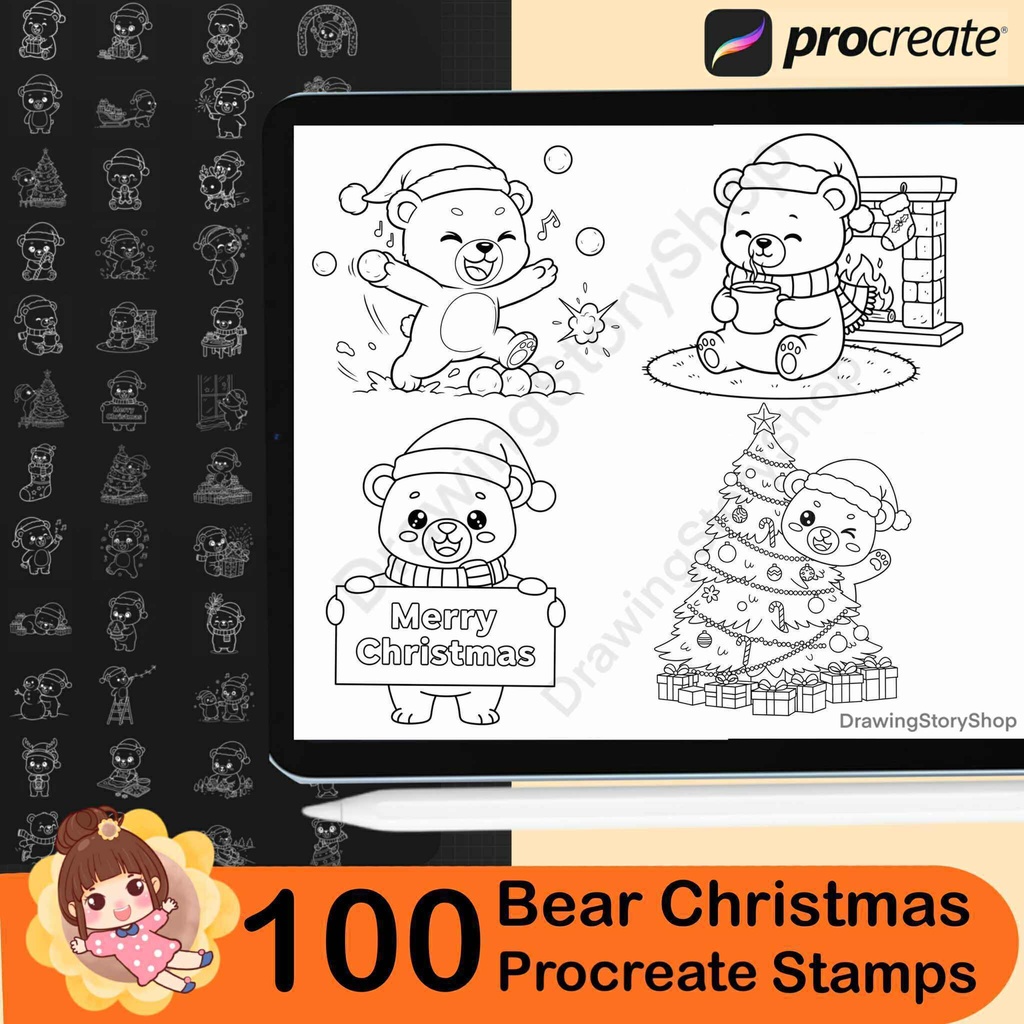 100 Christmas Bear Procreate Stamps | Kawaii Bear Doodle Brushes | Holiday Set