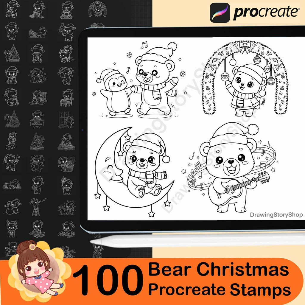 100 Christmas Bear Procreate Stamps | Kawaii Bear Doodle Brushes | Holiday Set