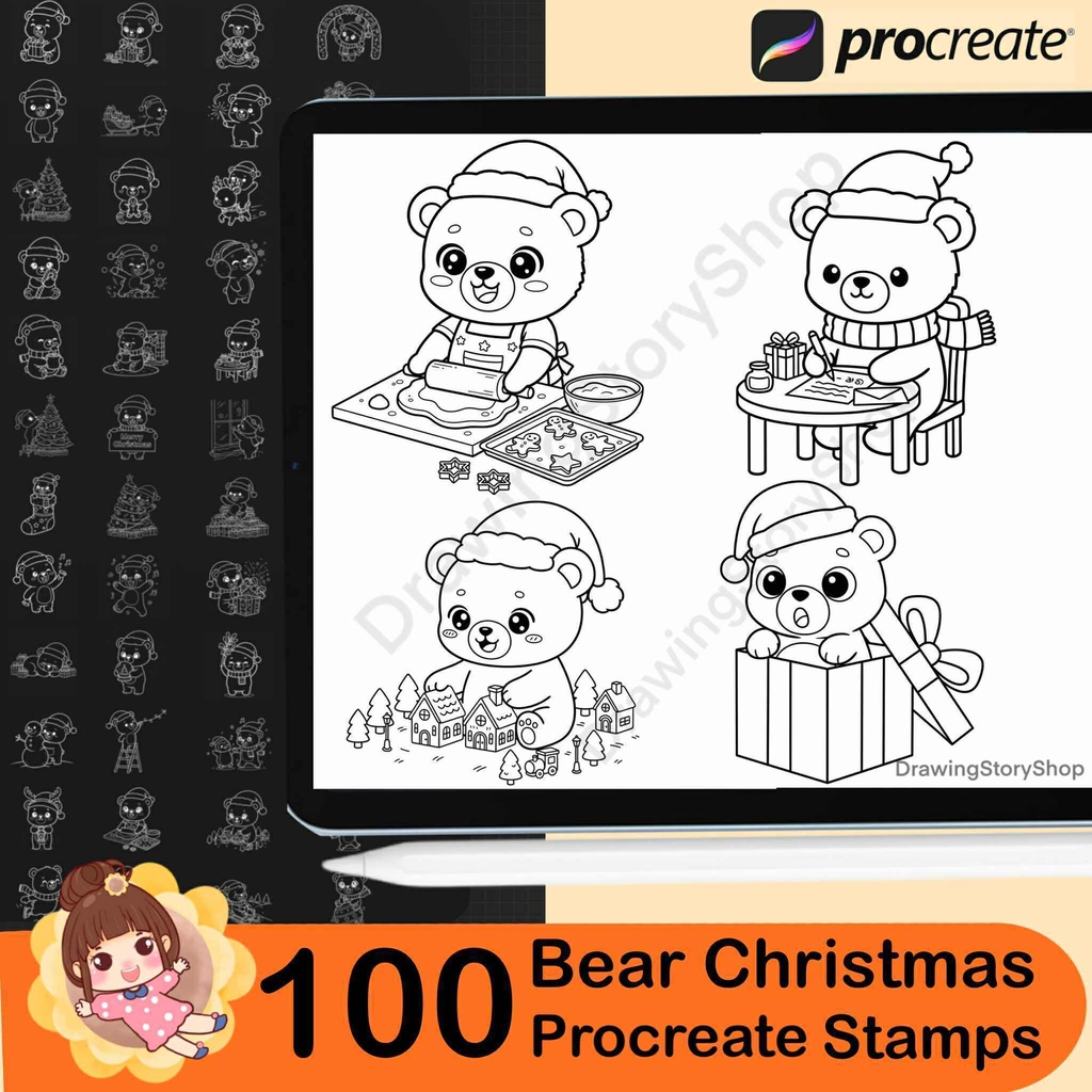 100 Christmas Bear Procreate Stamps | Kawaii Bear Doodle Brushes | Holiday Set