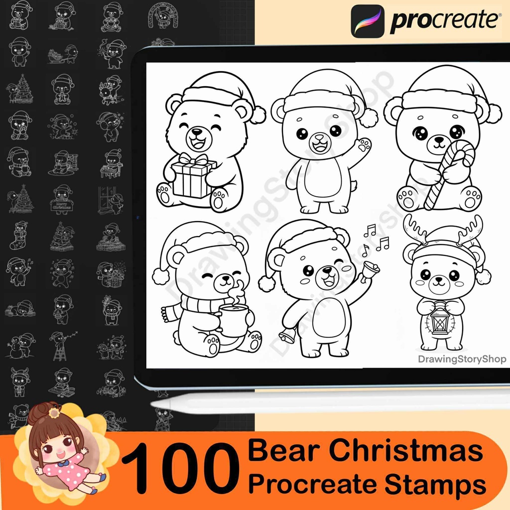 100 Christmas Bear Procreate Stamps | Kawaii Bear Doodle Brushes | Holiday Set