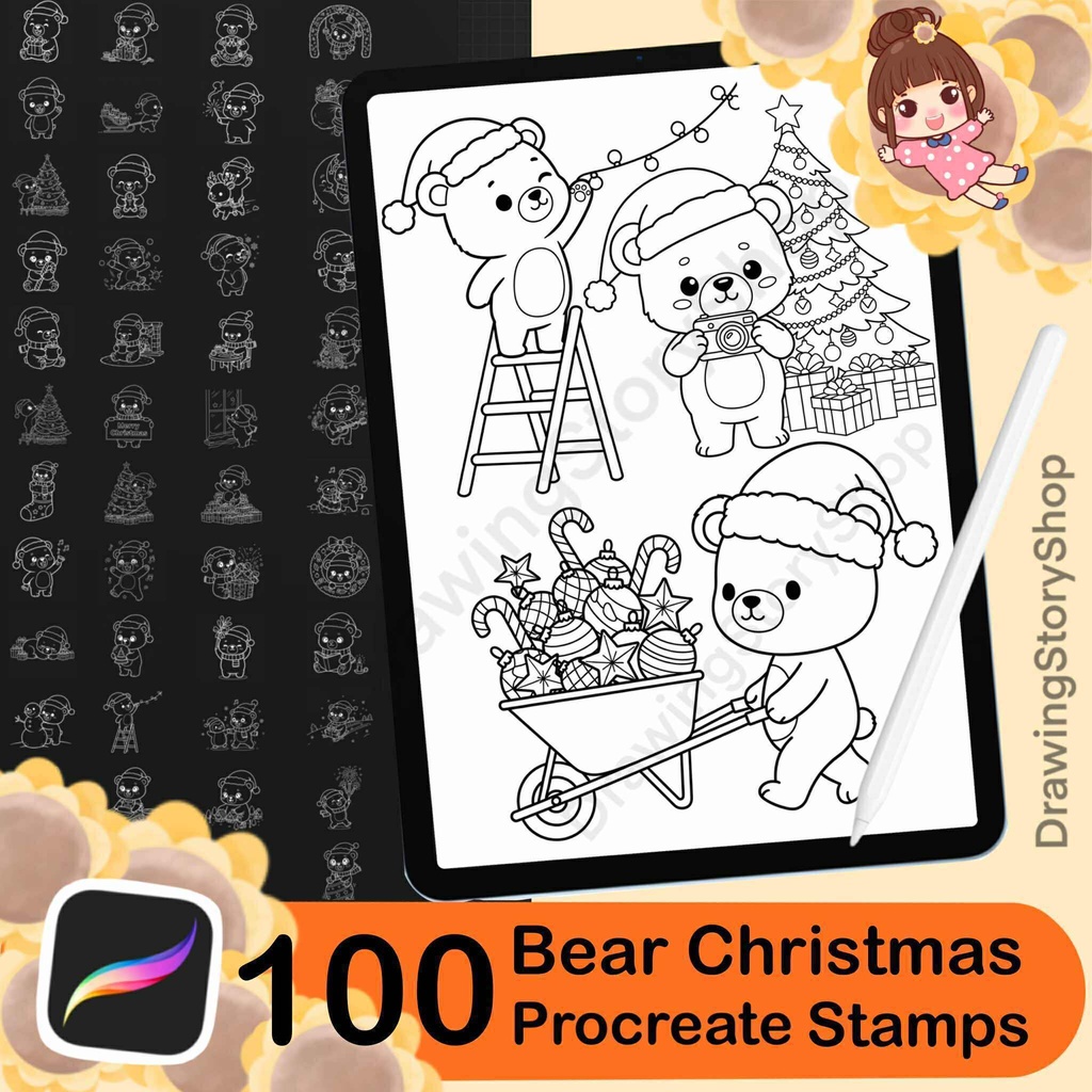 100 Christmas Bear Procreate Stamps | Kawaii Bear Doodle Brushes | Holiday Set