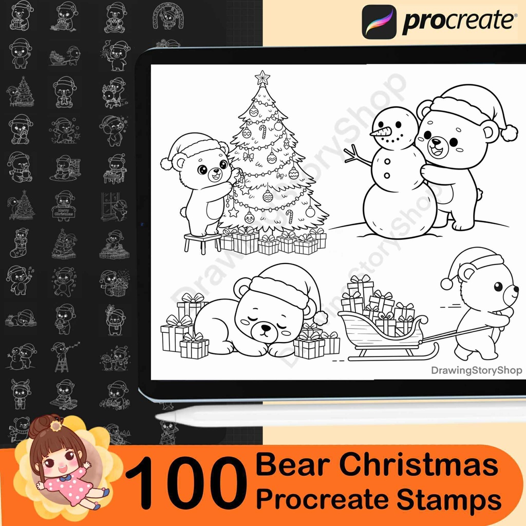 100 Christmas Bear Procreate Stamps | Kawaii Bear Doodle Brushes | Holiday Set