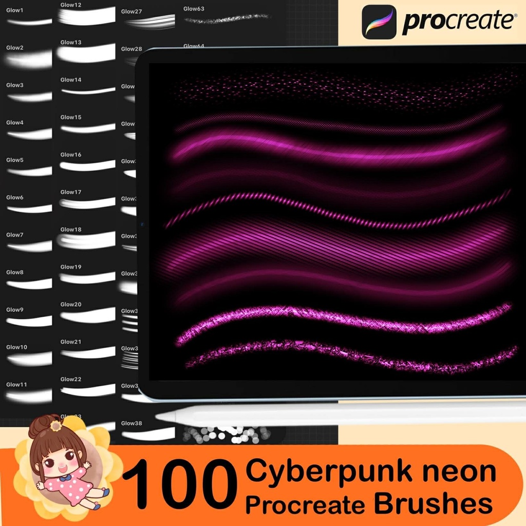 100 Cyberpunk Glow Brushes For Procreate | Neon Light & Aura Effect, Digital Brushes for iPad