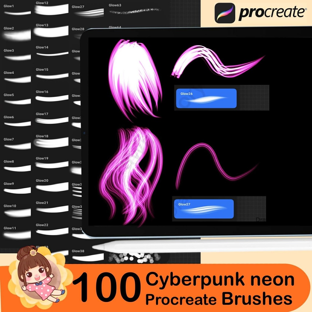 100 Cyberpunk Glow Brushes For Procreate | Neon Light & Aura Effect, Digital Brushes for iPad