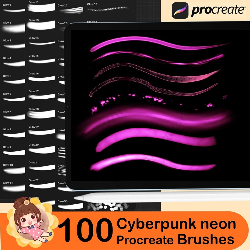 100 Cyberpunk Glow Brushes For Procreate | Neon Light & Aura Effect, Digital Brushes for iPad