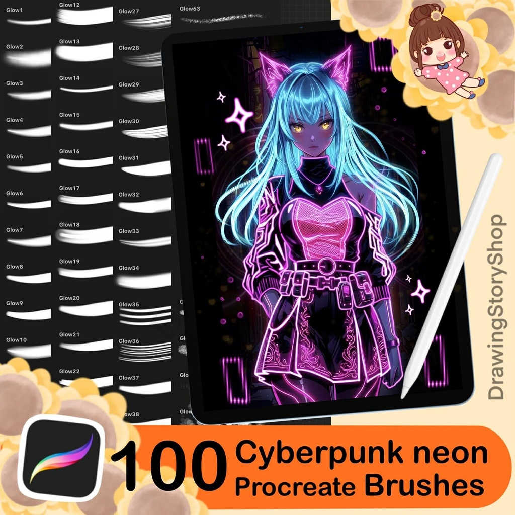 100 Cyberpunk Glow Brushes For Procreate | Neon Light & Aura Effect, Digital Brushes for iPad