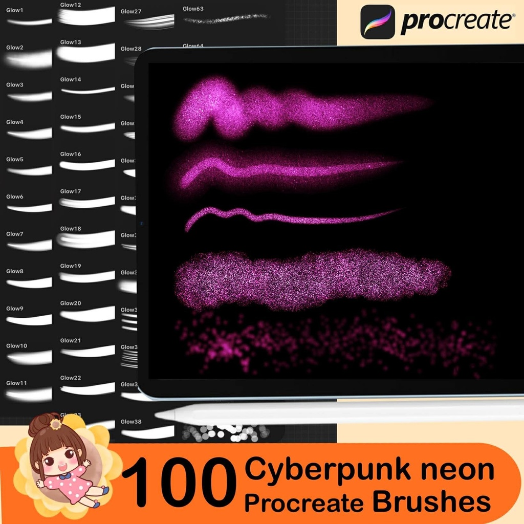 100 Cyberpunk Glow Brushes For Procreate | Neon Light & Aura Effect, Digital Brushes for iPad