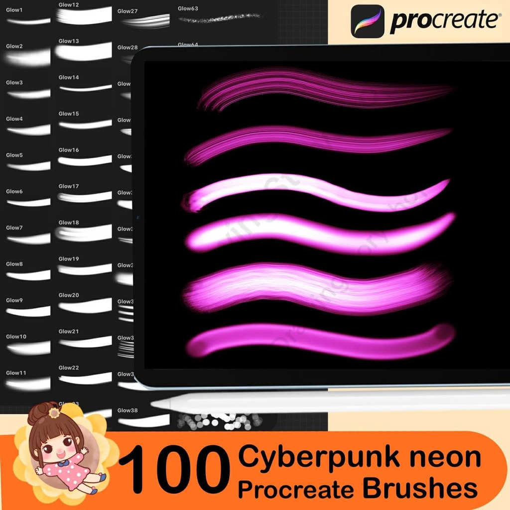 100 Cyberpunk Glow Brushes For Procreate | Neon Light & Aura Effect, Digital Brushes for iPad