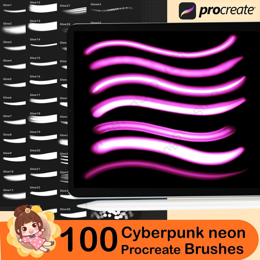 100 Cyberpunk Glow Brushes For Procreate | Neon Light & Aura Effect, Digital Brushes for iPad