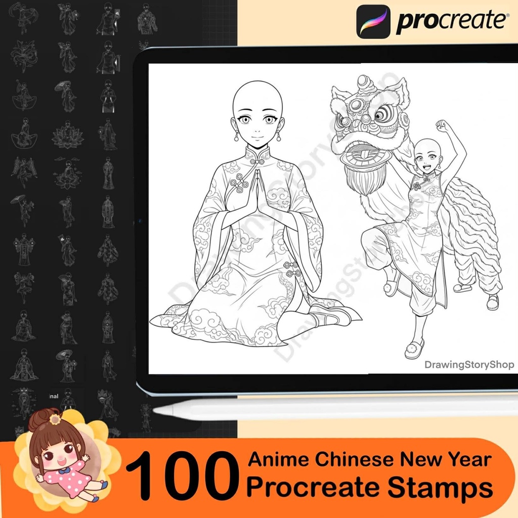 100 Procreate Anime Chinese New Year Stamps | Ancient Chinese Anime Poses, Manga & Base Anime Stamps