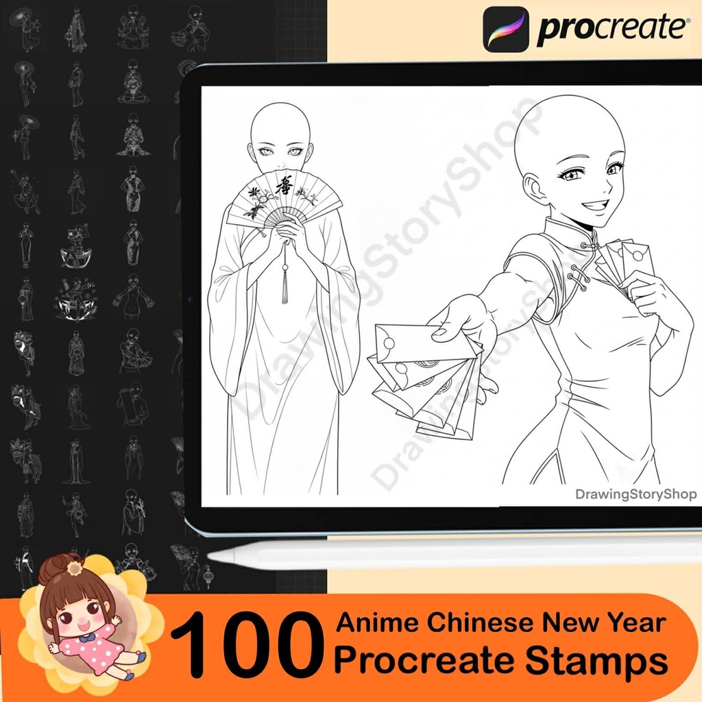 100 Procreate Anime Pose Stamps | Chinese New Year, Ancient Chinese Anime, Manga Base