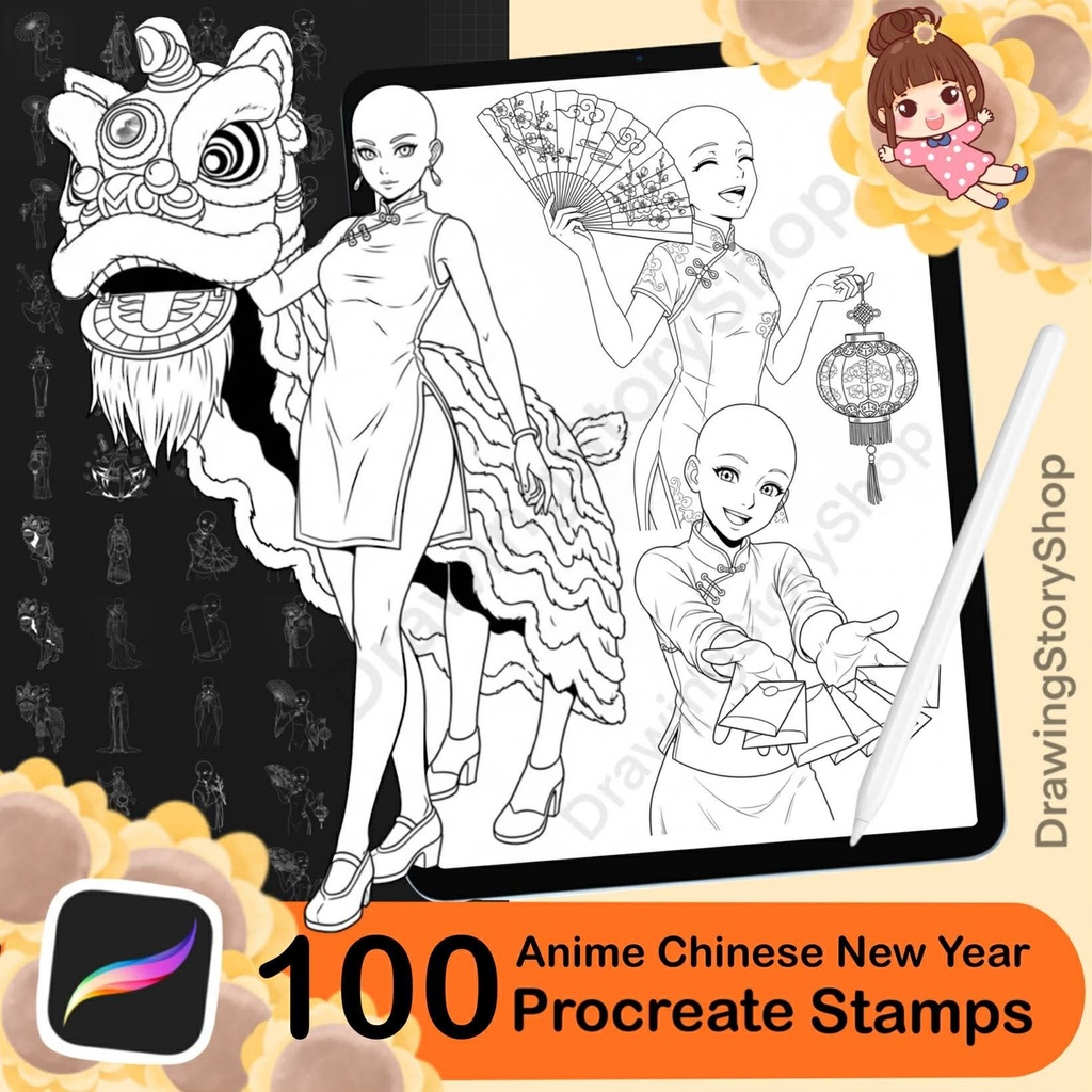 100 Procreate Anime Pose Stamps | Chinese New Year, Ancient Chinese Anime, Manga Base