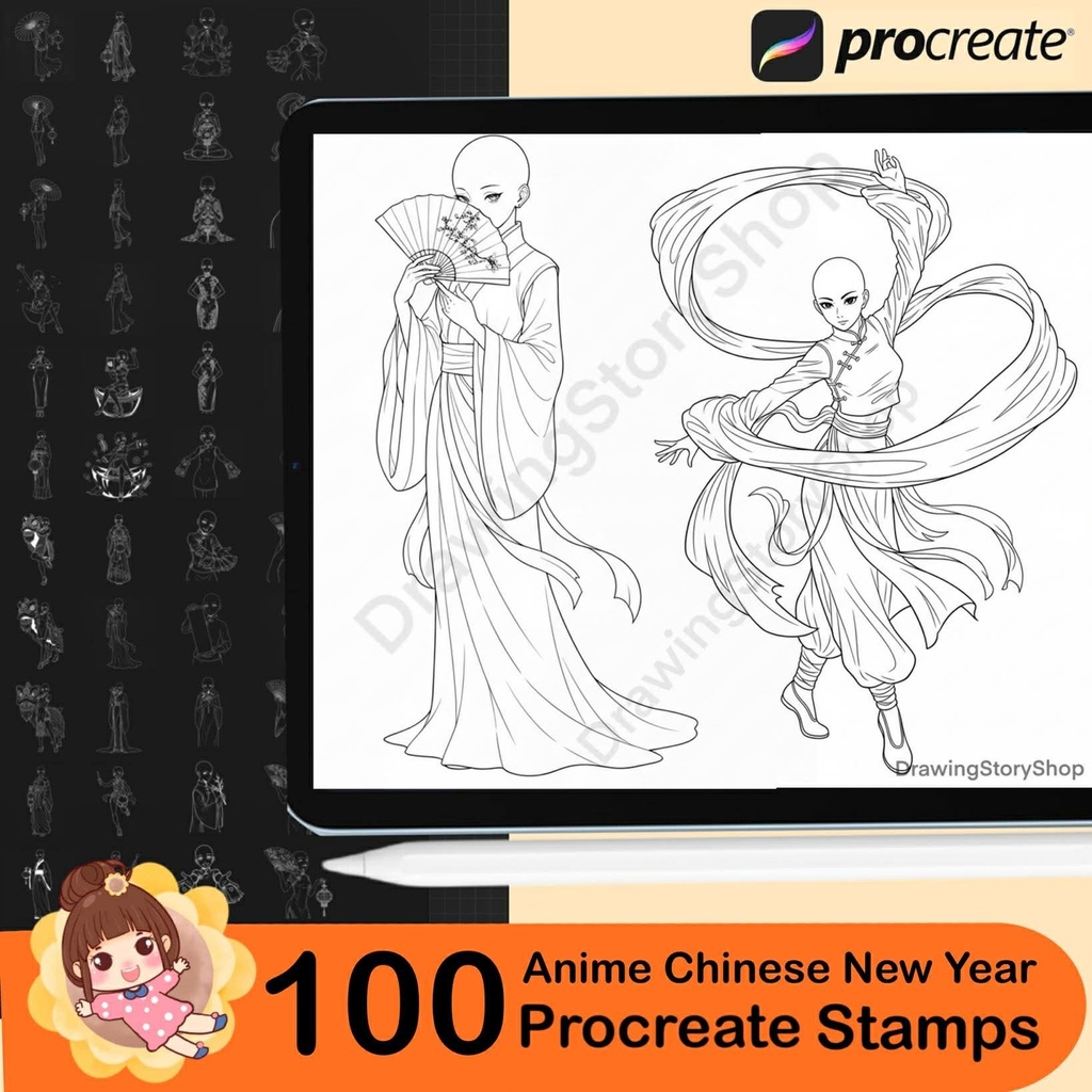 100 Procreate Anime Pose Stamps | Chinese New Year, Ancient Chinese Anime, Manga Base