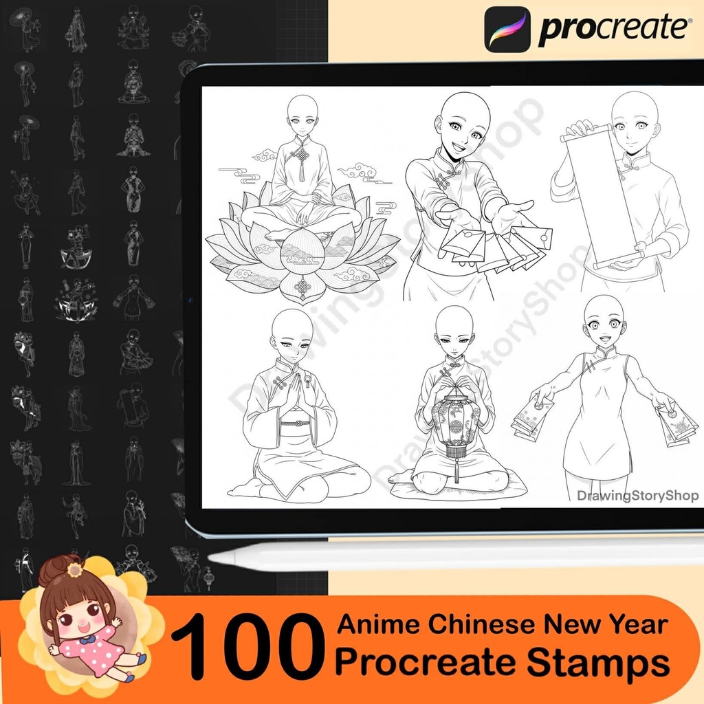 100 Procreate Anime Pose Stamps | Chinese New Year, Ancient Chinese Anime, Manga Base