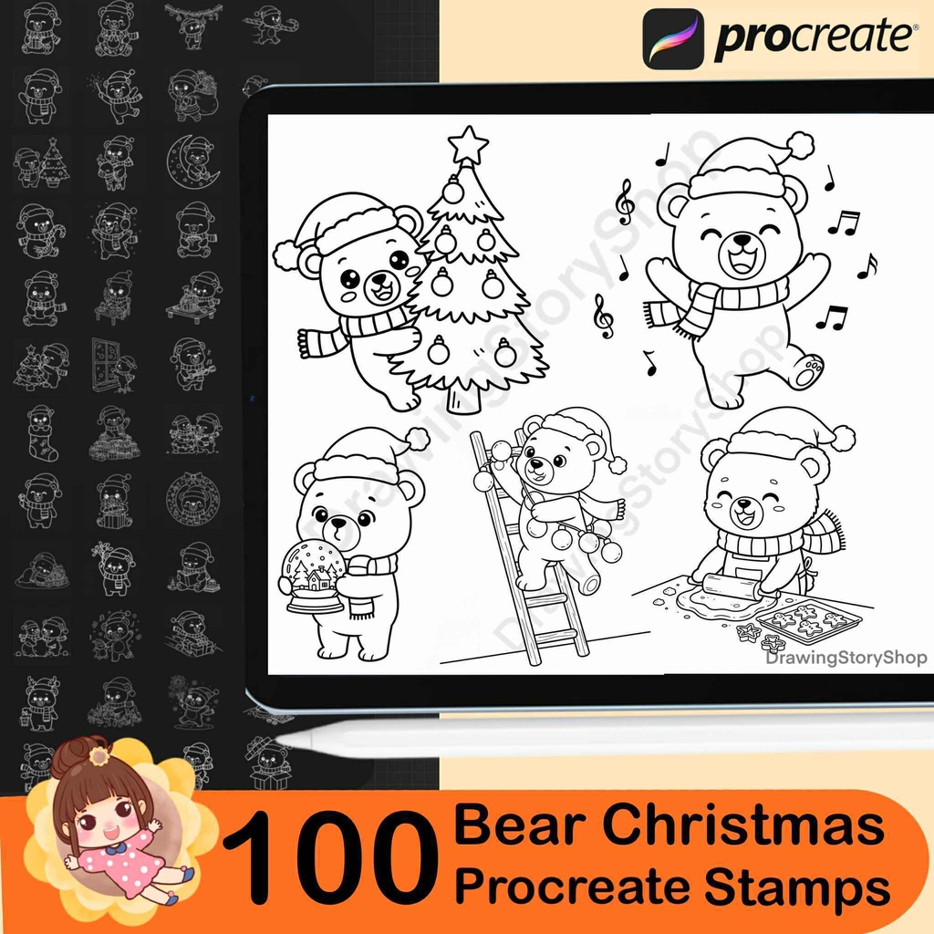 100 Procreate Bear Christmas Stamps | Bear Doodle | Christmas bears brushes