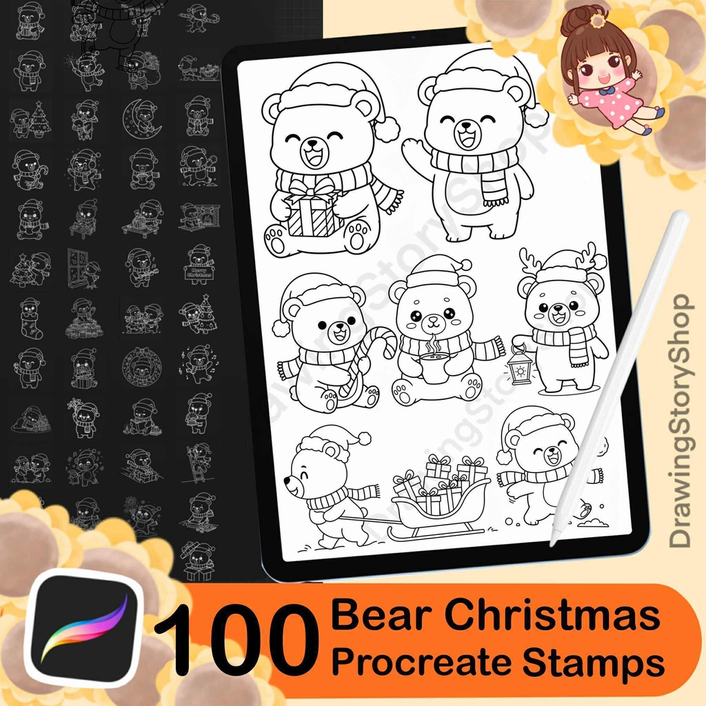 100 Procreate Bear Christmas Stamps | Bear Doodle | Christmas bears brushes