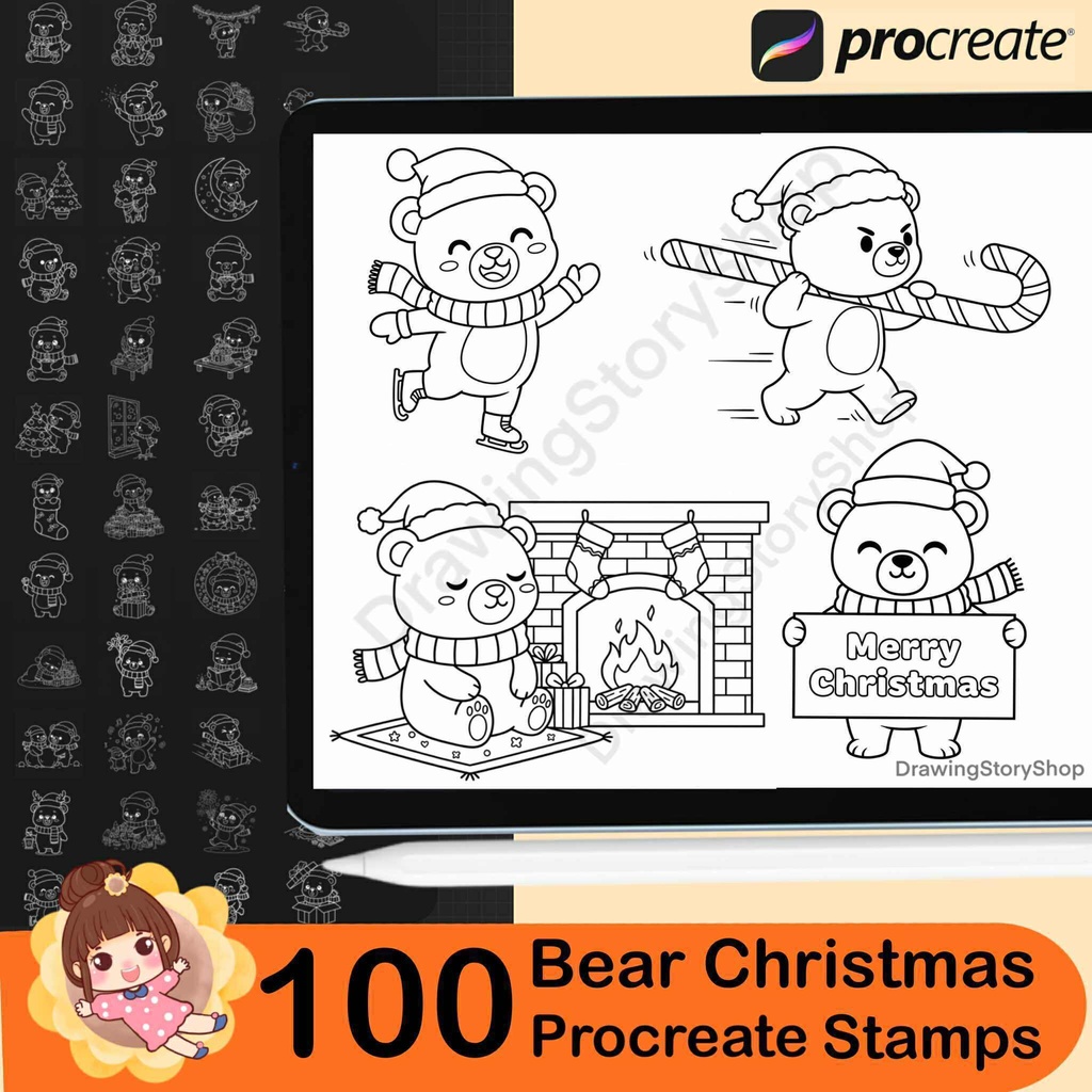 100 Procreate Bear Christmas Stamps | Bear Doodle | Christmas bears brushes