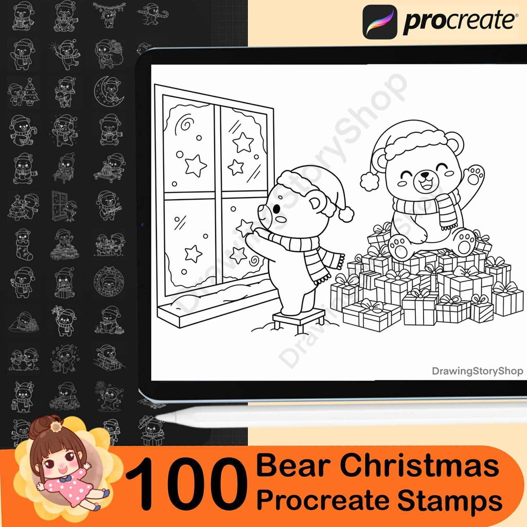 100 Procreate Bear Christmas Stamps | Bear Doodle | Christmas bears brushes