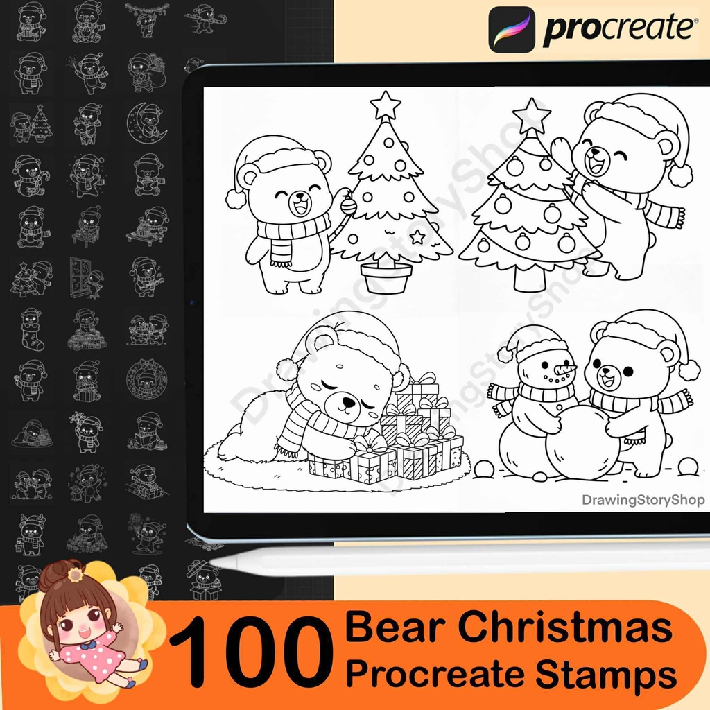 100 Procreate Bear Christmas Stamps | Bear Doodle | Christmas bears brushes