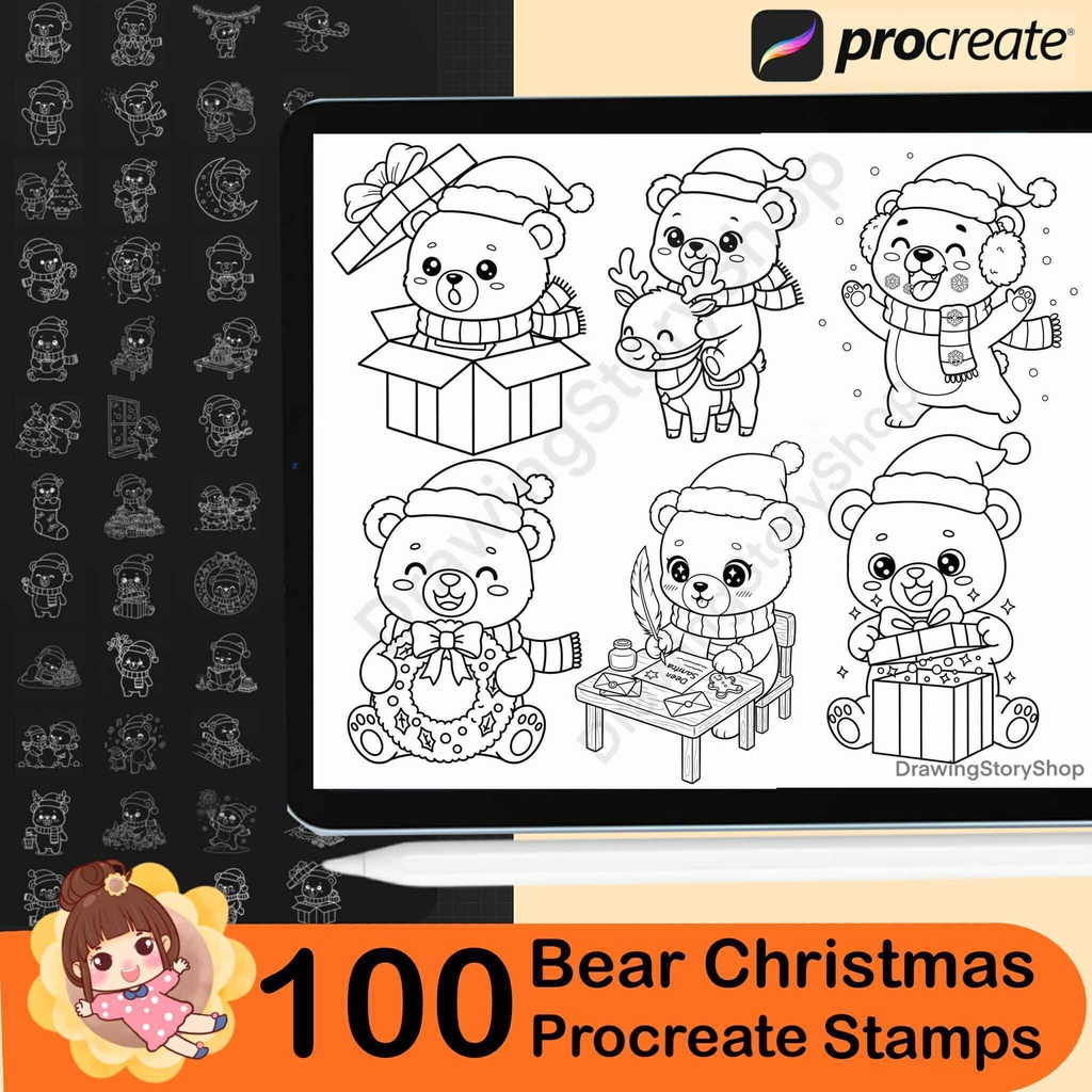 100 Procreate Bear Christmas Stamps | Bear Doodle | Christmas bears brushes
