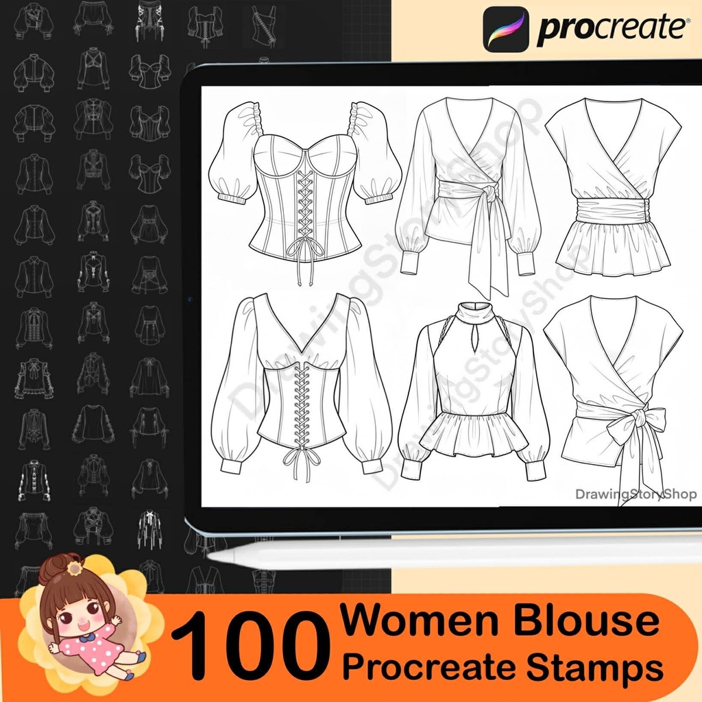 100 Procreate Blouses Stamp Brushes | Procreate Clothes Stamp Brushes | Procreate Clothing Stamp Brushes | Procreate Fashion Brushes