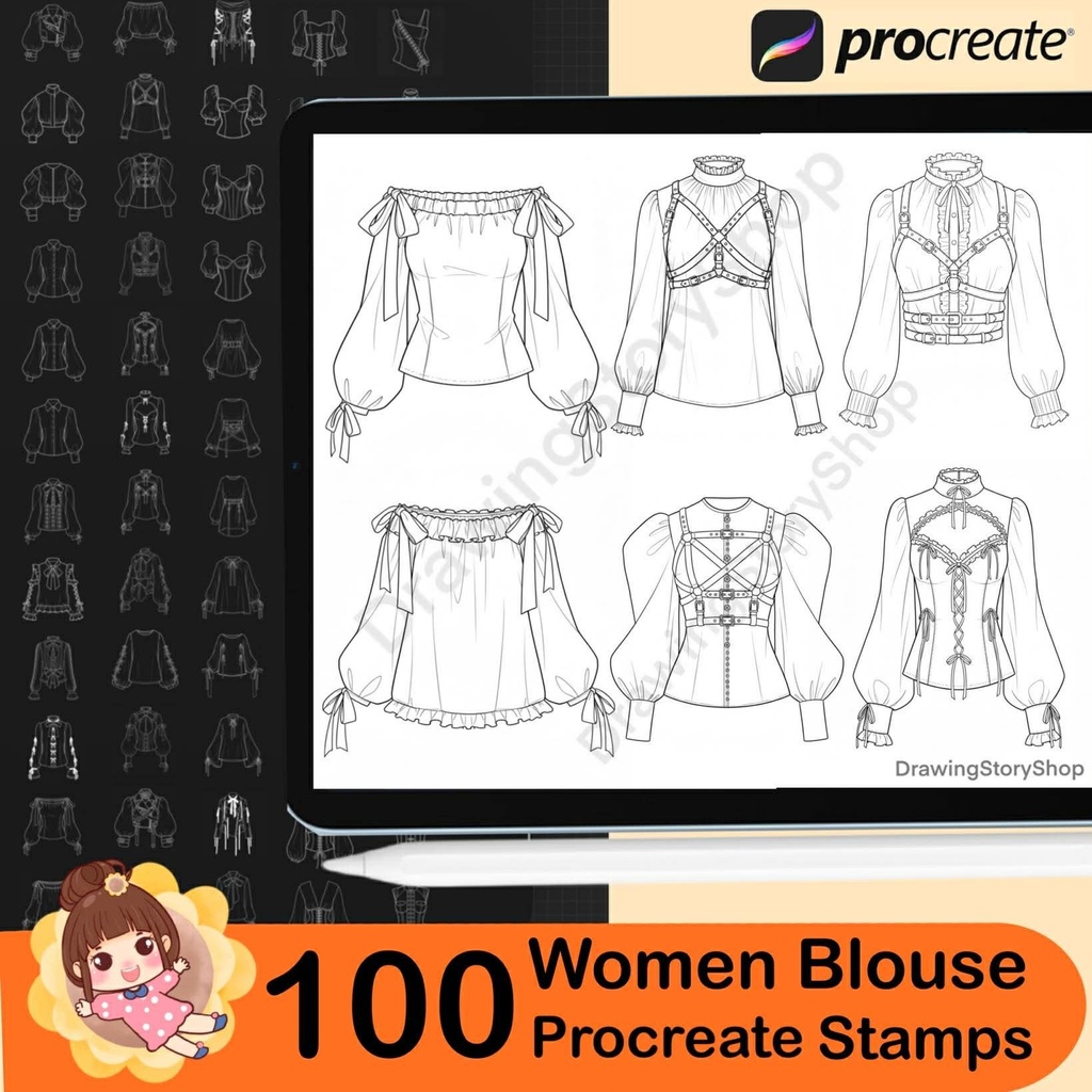 100 Procreate Blouses Stamp Brushes | Procreate Clothes Stamp Brushes | Procreate Clothing Stamp Brushes | Procreate Fashion Brushes