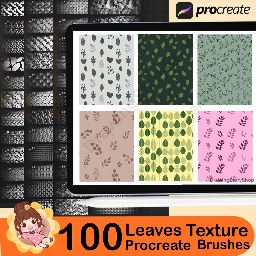 100 Procreate Botanical Leaves Texture Brushes for Leaf Patterns, Nature Illustrations and Surface Design