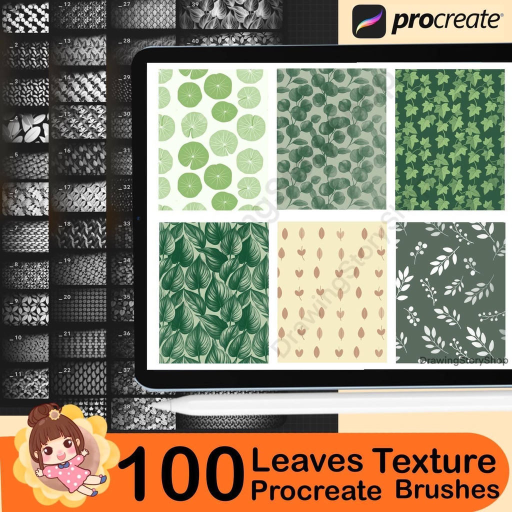 100 Procreate Botanical Leaves Texture Brushes for Leaf Patterns, Nature Illustrations and Surface Design