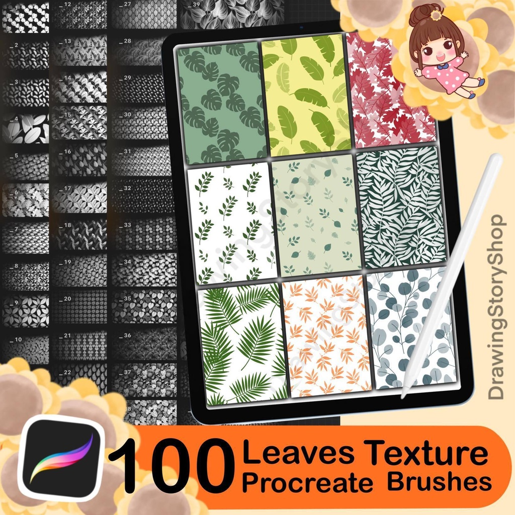 100 Procreate Botanical Leaves Texture Brushes for Leaf Patterns, Nature Illustrations and Surface Design