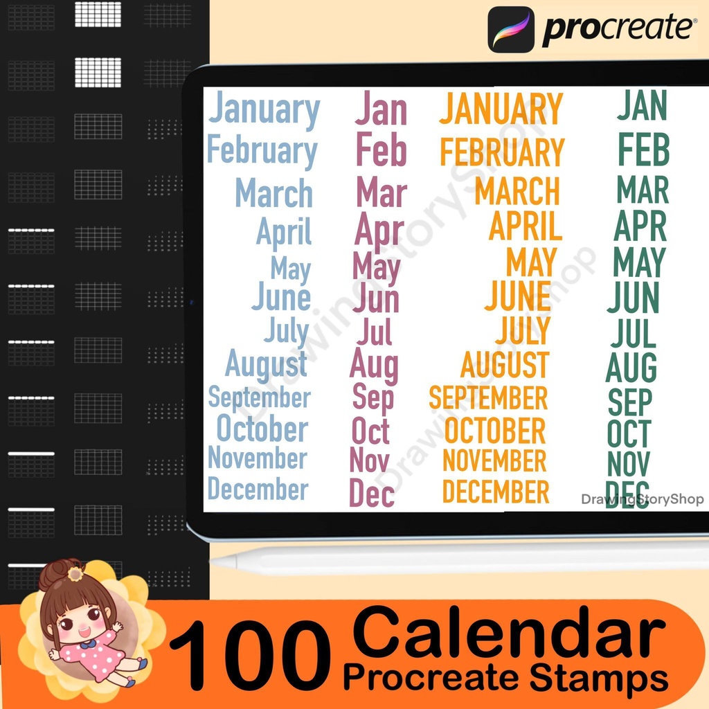 100 Procreate Calendar Stamp Brush Set: Digital Planner Brushes (Digital Download)