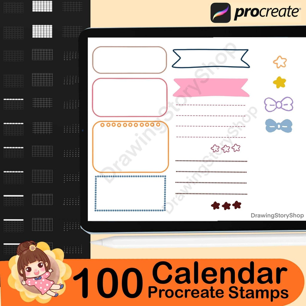 100 Procreate Calendar Stamp Brush Set: Digital Planner Brushes (Digital Download)