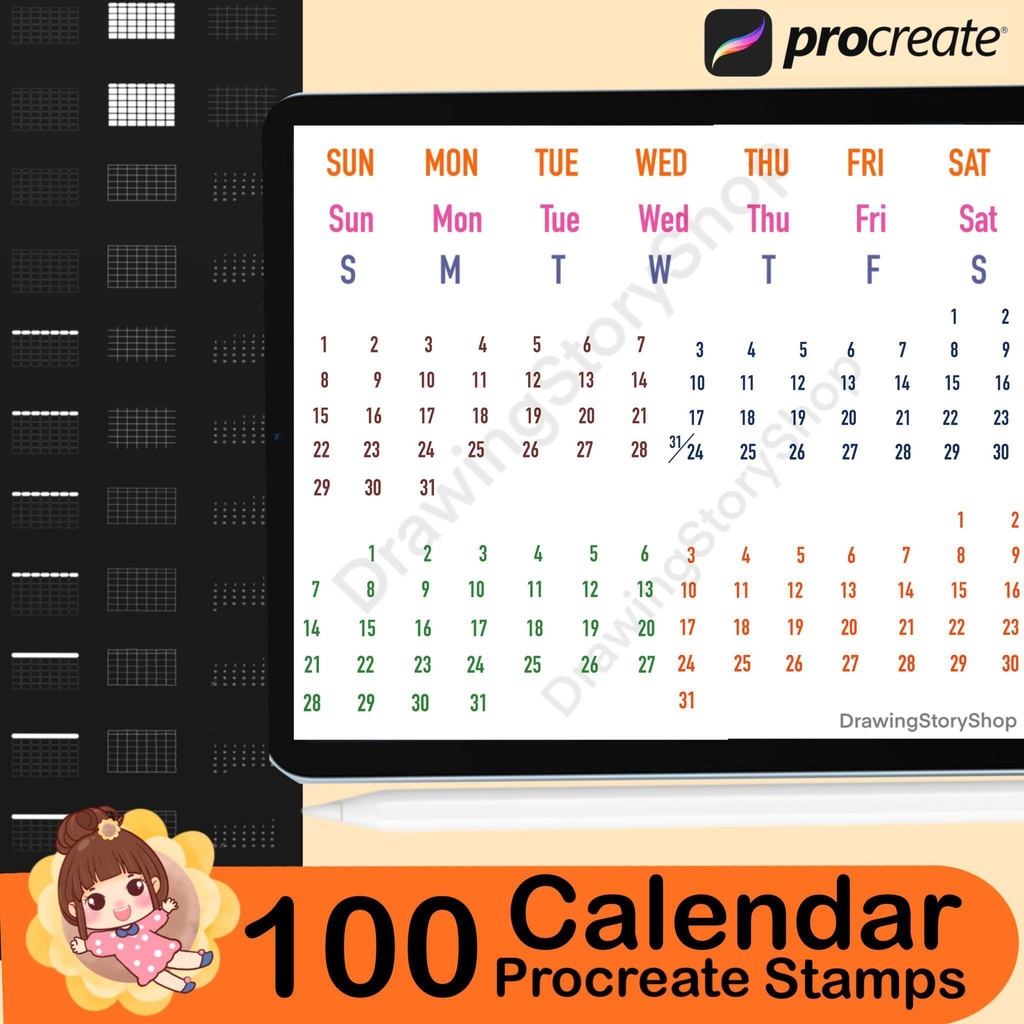 100 Procreate Calendar Stamp Brush Set: Digital Planner Brushes (Digital Download)