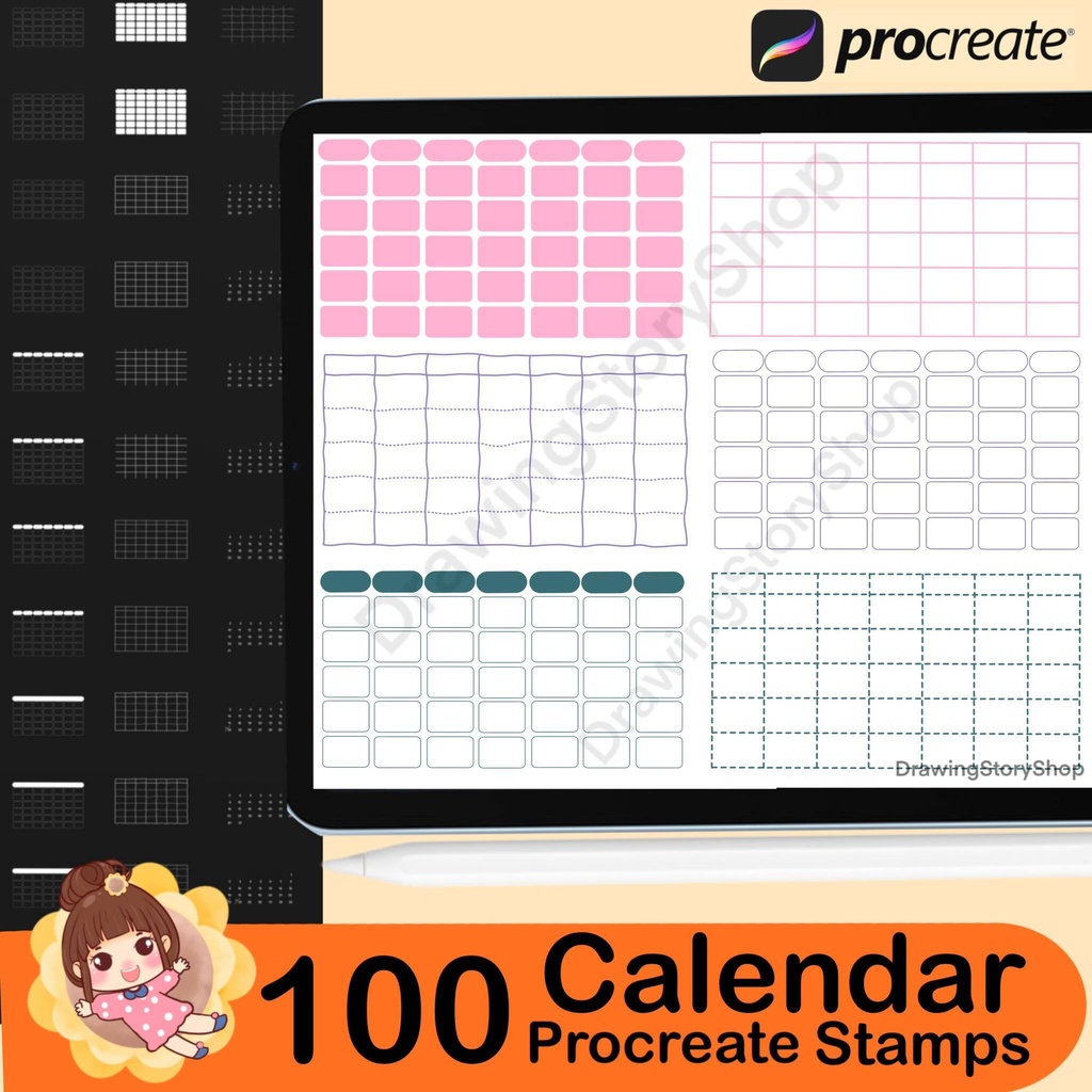 100 Procreate Calendar Stamp Brush Set: Digital Planner Brushes (Digital Download)
