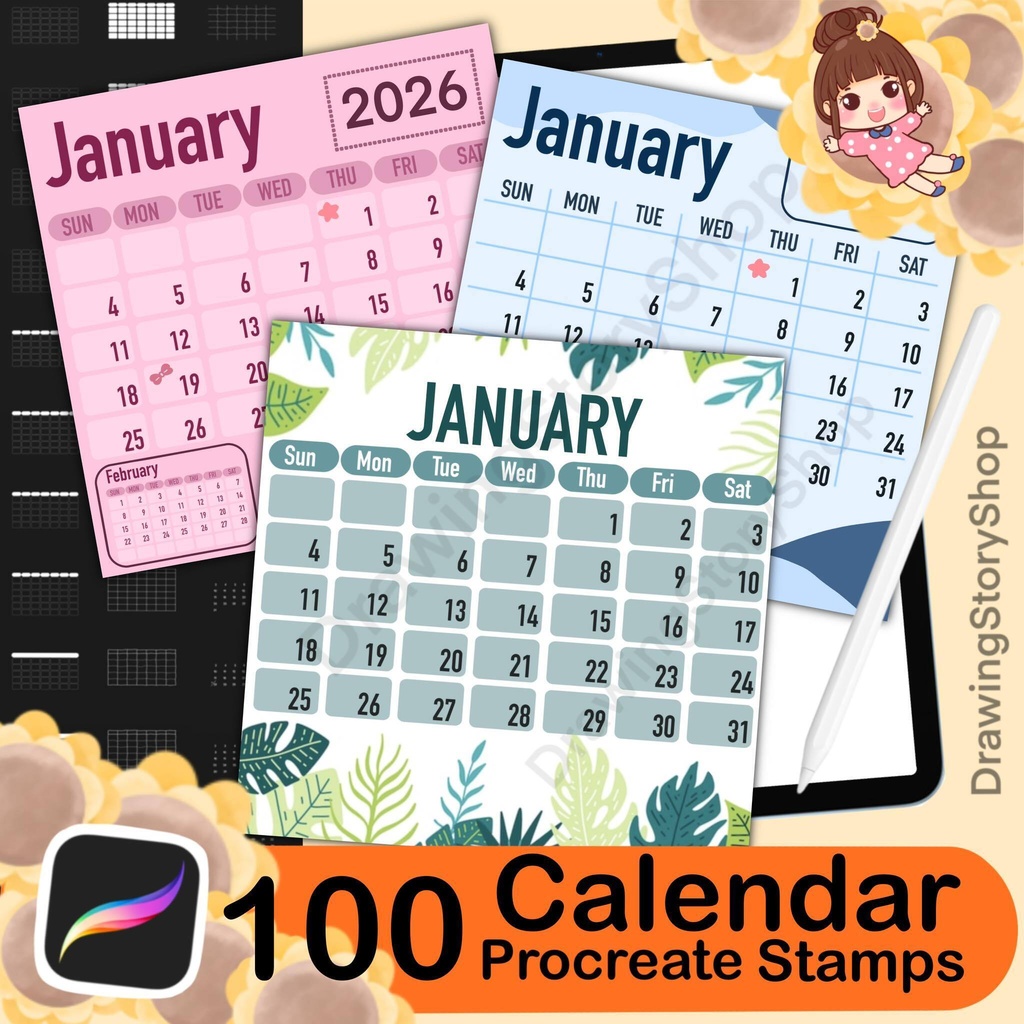 100 Procreate Calendar Stamp Brush Set: Digital Planner Brushes (Digital Download)