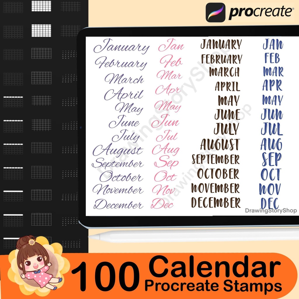 100 Procreate Calendar Stamp Brushes (Instant Download)