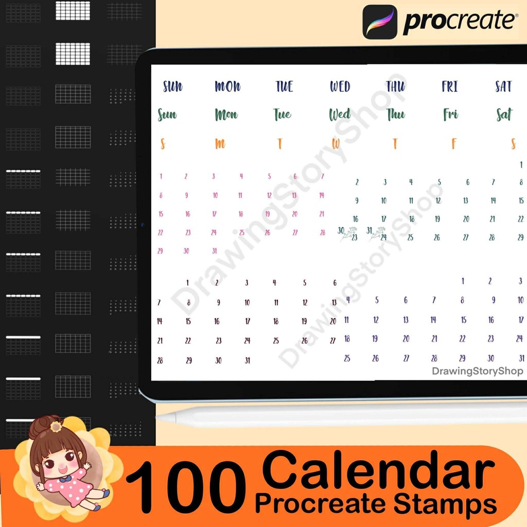 100 Procreate Calendar Stamp Brushes (Instant Download)