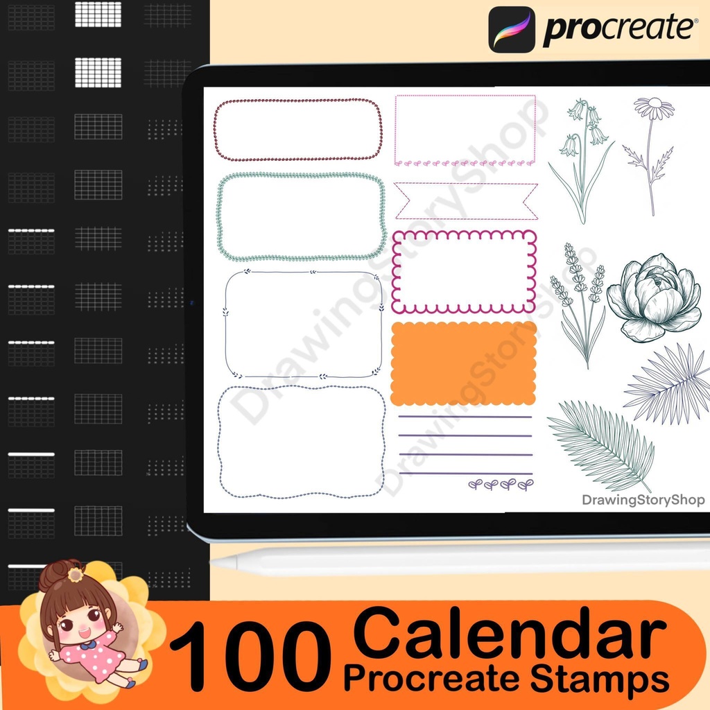100 Procreate Calendar Stamp Brushes (Instant Download)