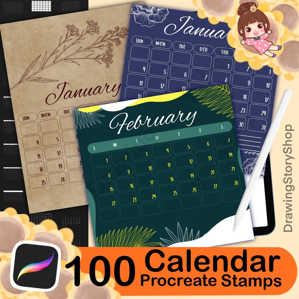 100 Procreate Calendar Stamp Brushes (Instant Download)