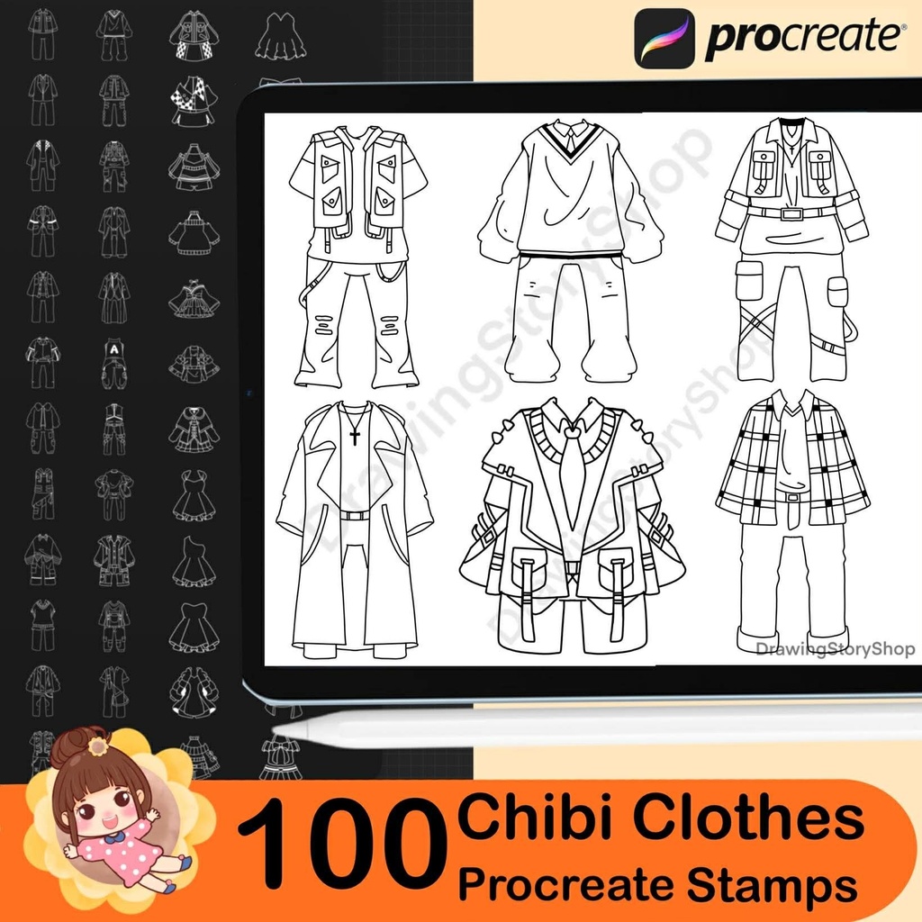 100 Procreate Chibi Clothes Stamp, Chibi Costumes, Clothes Brushes Procreate Chibi Maker Character, Maker Manga Kawaii Cute