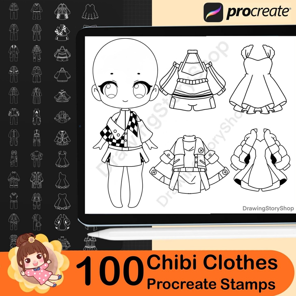 100 Procreate Chibi Clothes Stamp, Chibi Costumes, Clothes Brushes Procreate Chibi Maker Character, Maker Manga Kawaii Cute