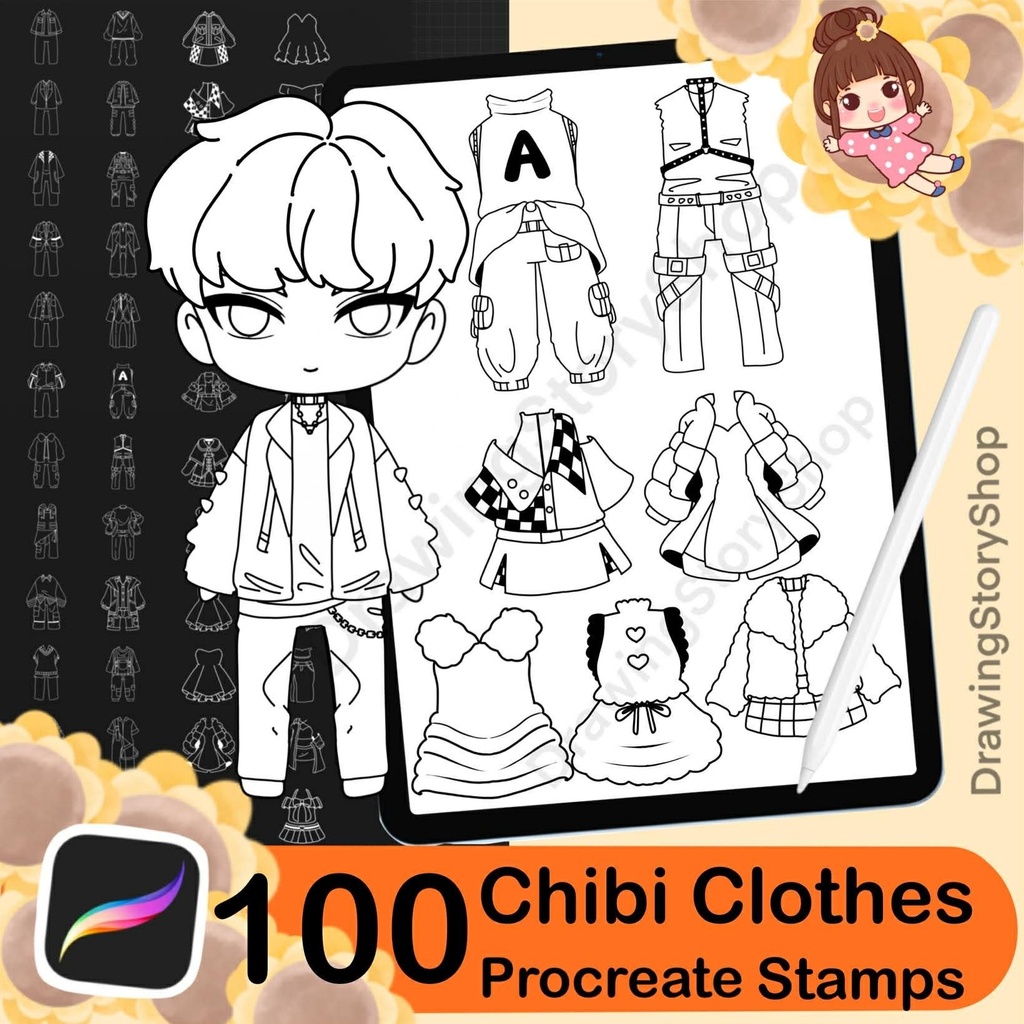 100 Procreate Chibi Clothes Stamp, Chibi Costumes, Clothes Brushes Procreate Chibi Maker Character, Maker Manga Kawaii Cute