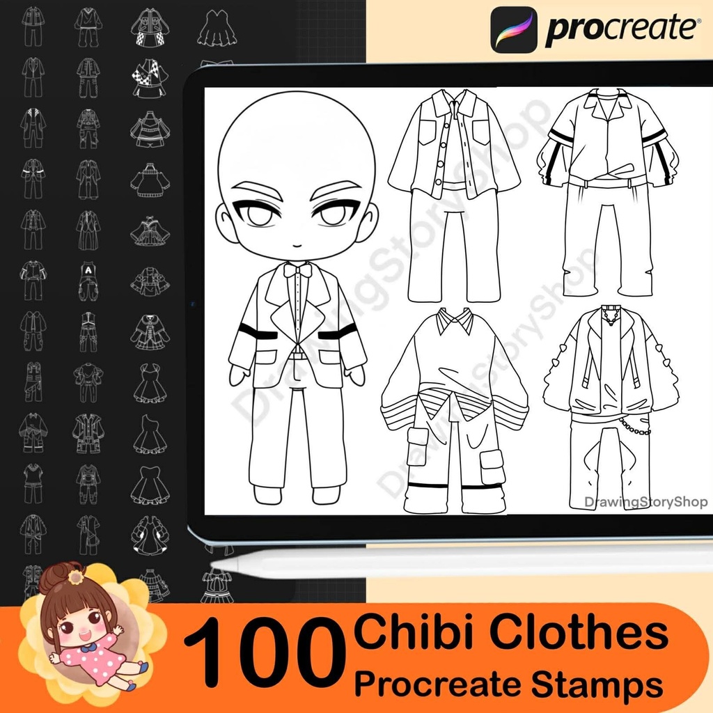 100 Procreate Chibi Clothes Stamp, Chibi Costumes, Clothes Brushes Procreate Chibi Maker Character, Maker Manga Kawaii Cute