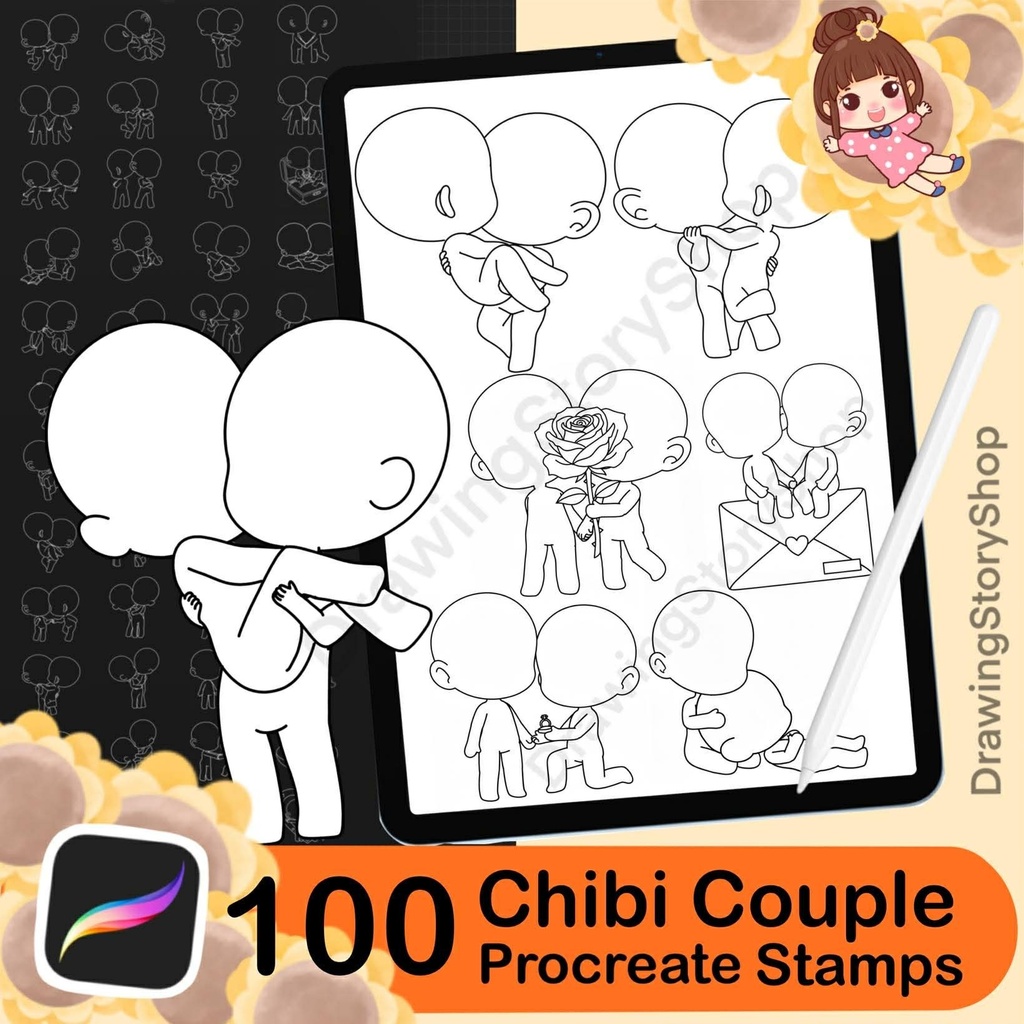 100 Procreate Chibi Couple Stamp,Procreate Chibi Poses Stamps, Couple Poses Stamps, Chibi Brushes, Chibi Bases,Valentine's Day Drawing,lover