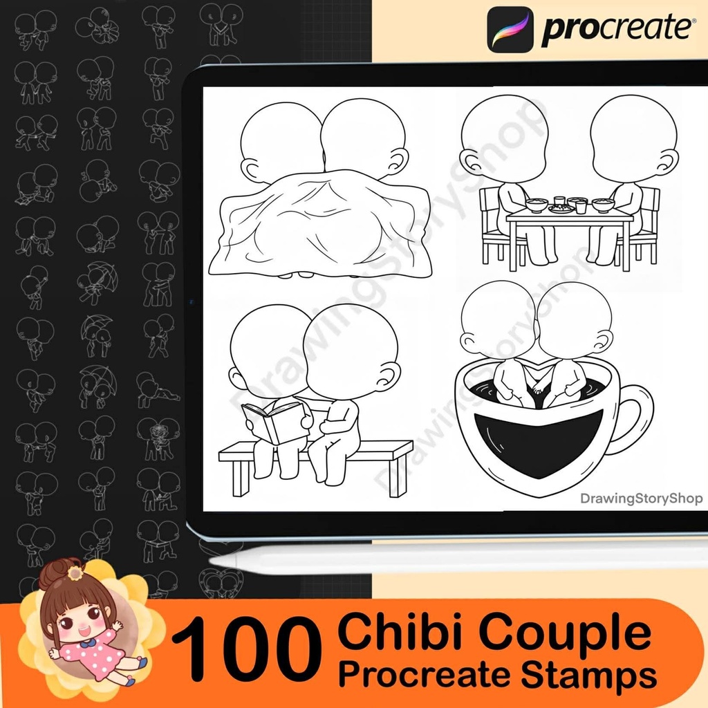 100 Procreate Chibi Couple Stamp,Procreate Chibi Poses Stamps, Couple Poses Stamps, Chibi Brushes, Chibi Bases,Valentine's Day Drawing,lover