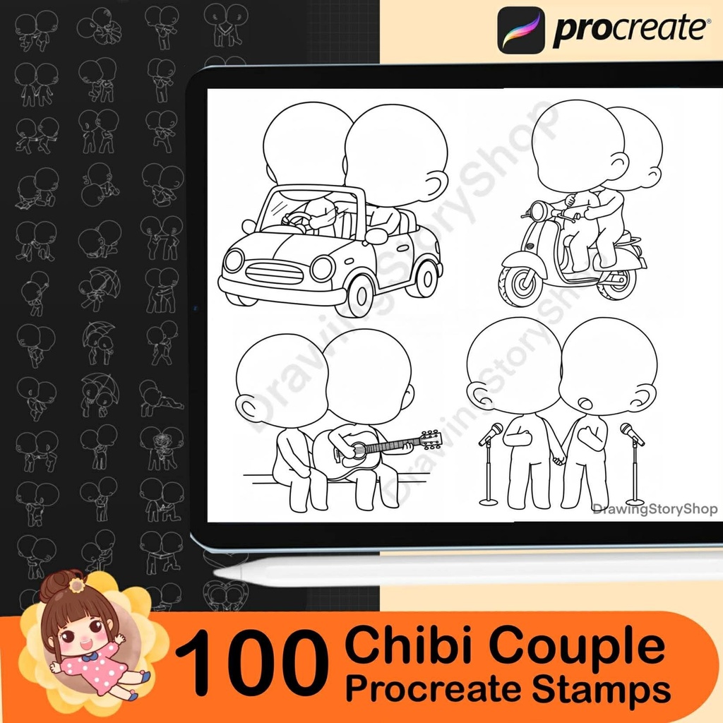 100 Procreate Chibi Couple Stamp,Procreate Chibi Poses Stamps, Couple Poses Stamps, Chibi Brushes, Chibi Bases,Valentine's Day Drawing,lover