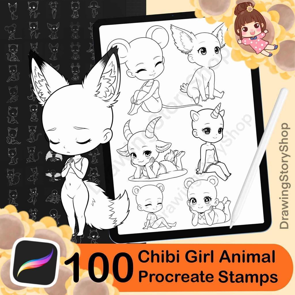 100 Procreate Chibi Girl Animal Stamp Brushes | Cute Chibi Poses | Base chibi |Kawaii Animal Character Set