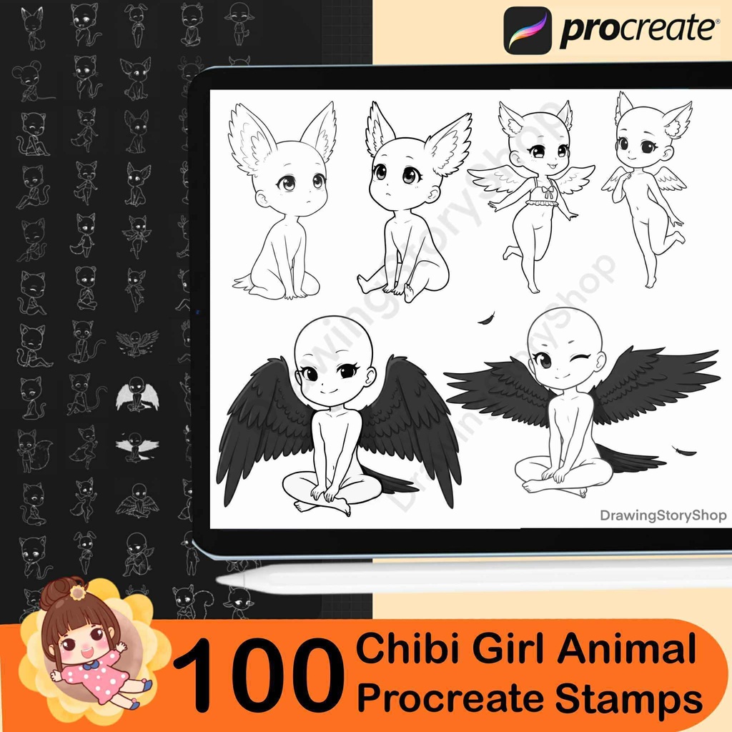 100 Procreate Chibi Girl Animal Stamp Brushes | Cute Chibi Poses | Base chibi |Kawaii Animal Character Set