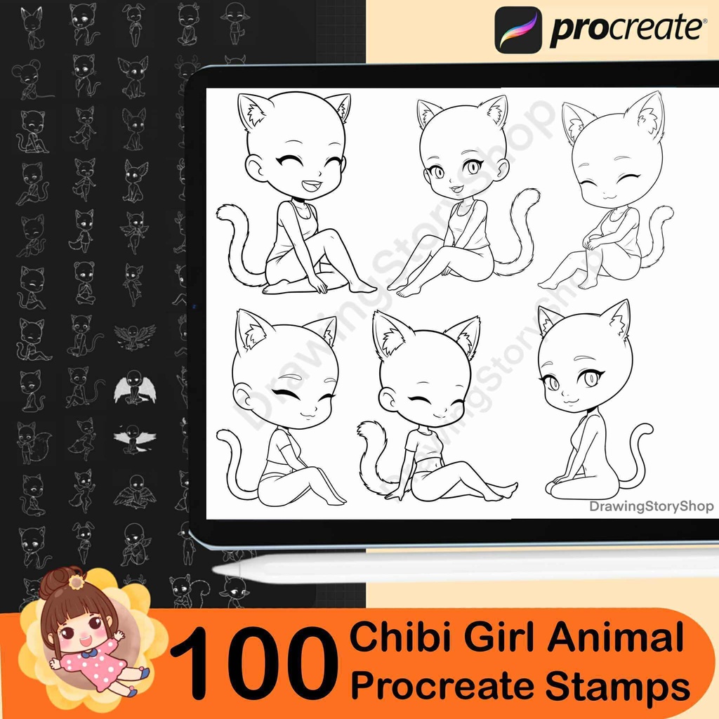 100 Procreate Chibi Girl Animal Stamp Brushes | Cute Chibi Poses | Base chibi |Kawaii Animal Character Set