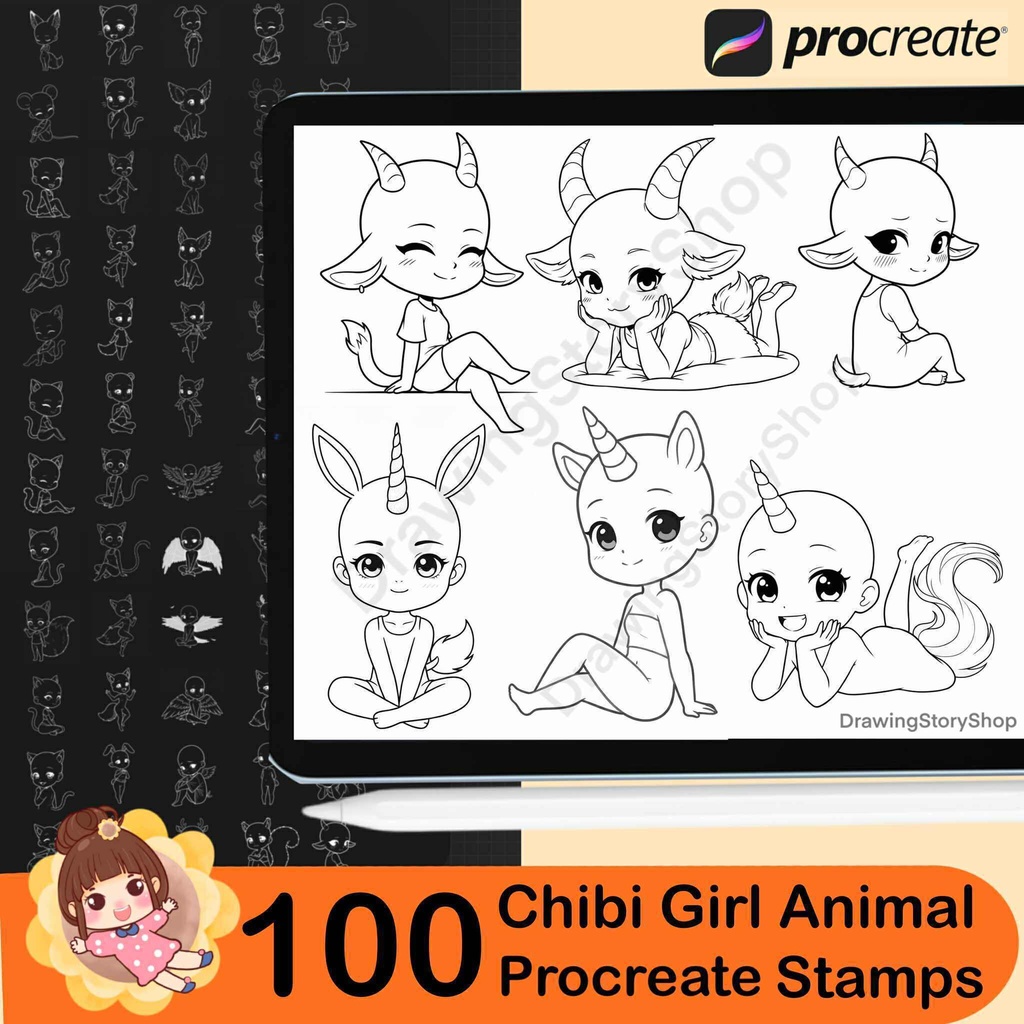 100 Procreate Chibi Girl Animal Stamp Brushes | Cute Chibi Poses | Base chibi |Kawaii Animal Character Set